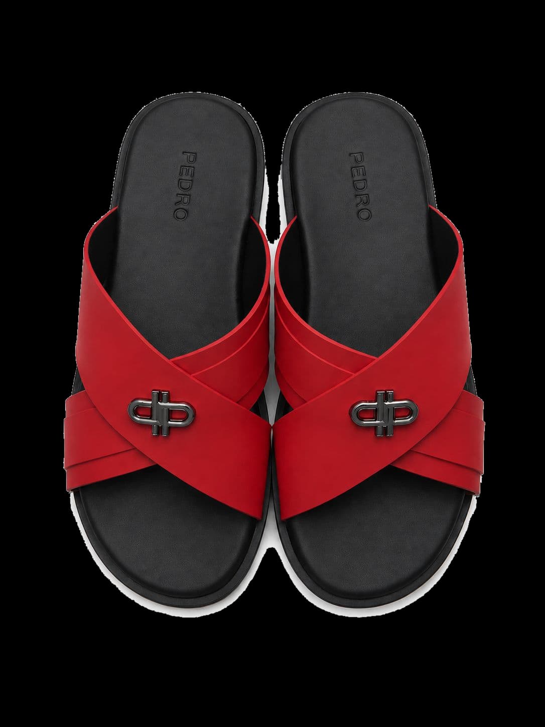PEDRO Cross-Strap Slides — Red & Black